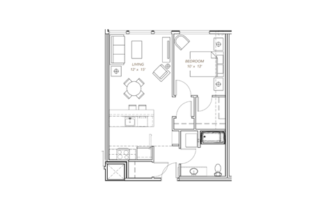 Floor plan for 1 bed, 1 bath, 700 sqft